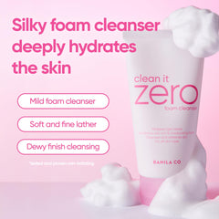 BANILA CO Clean It Zero, espuma cremosa visible, limpia sin irritar la piel.
