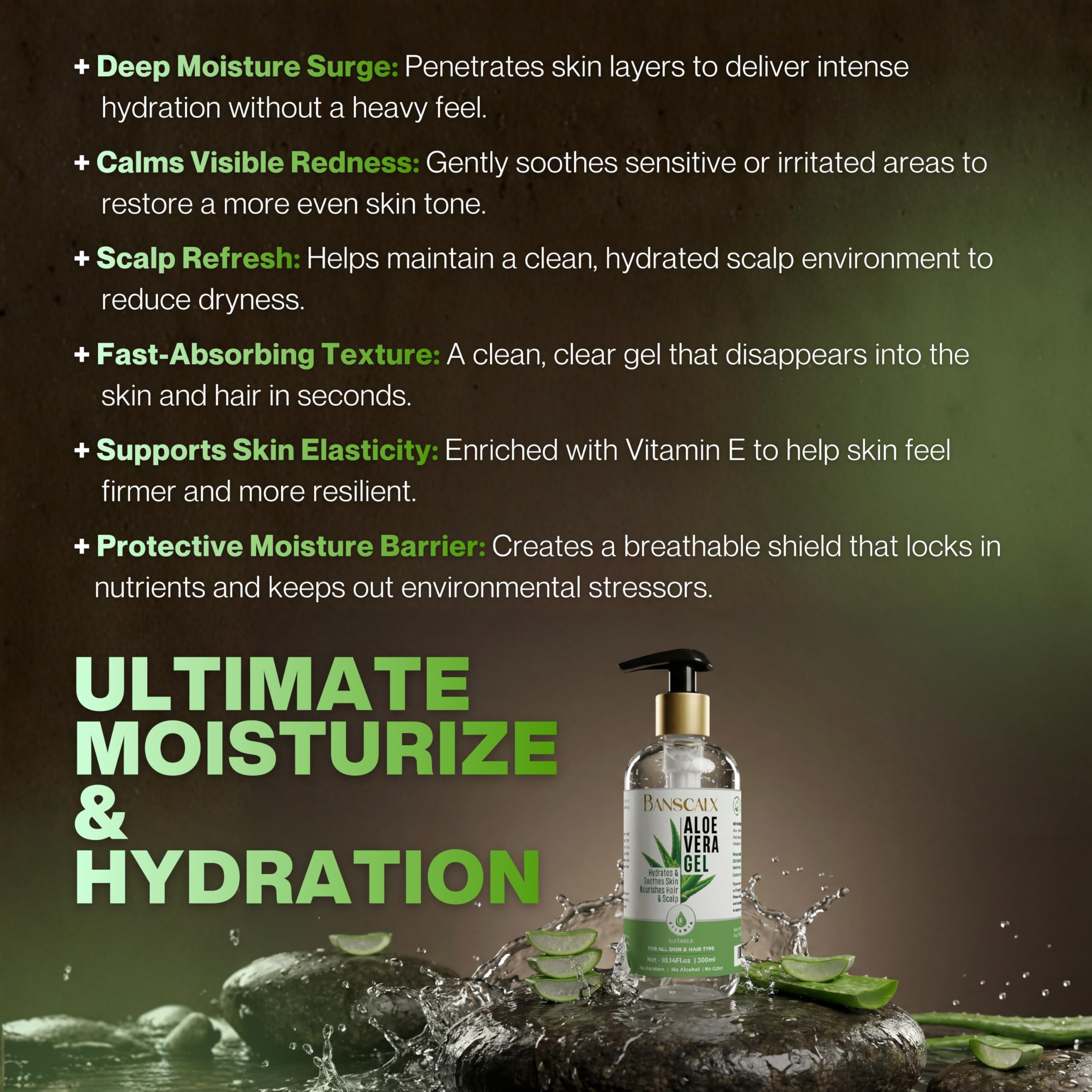 BANSCALX Aloe Vera Gel comes in a pump bottle for easy on-the-go use.