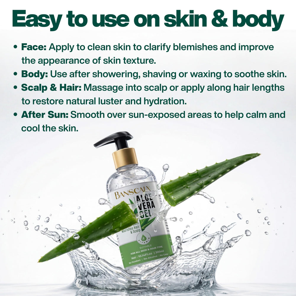 BANSCALX Aloe Vera Gel gentle on sensitive skin, alcohol-free formula.