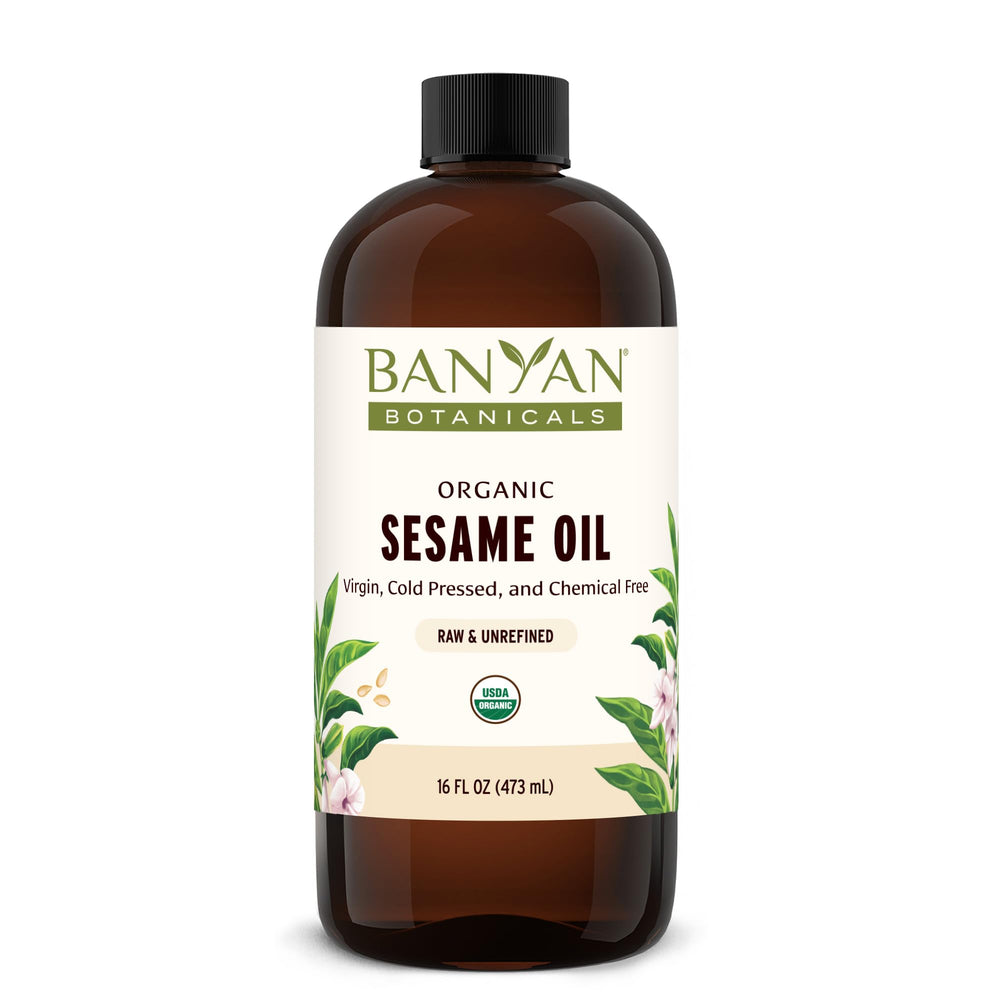 Banyan Botanicals Aceite de sésamo orgánico, envase para masaje abhyanga y relajación.