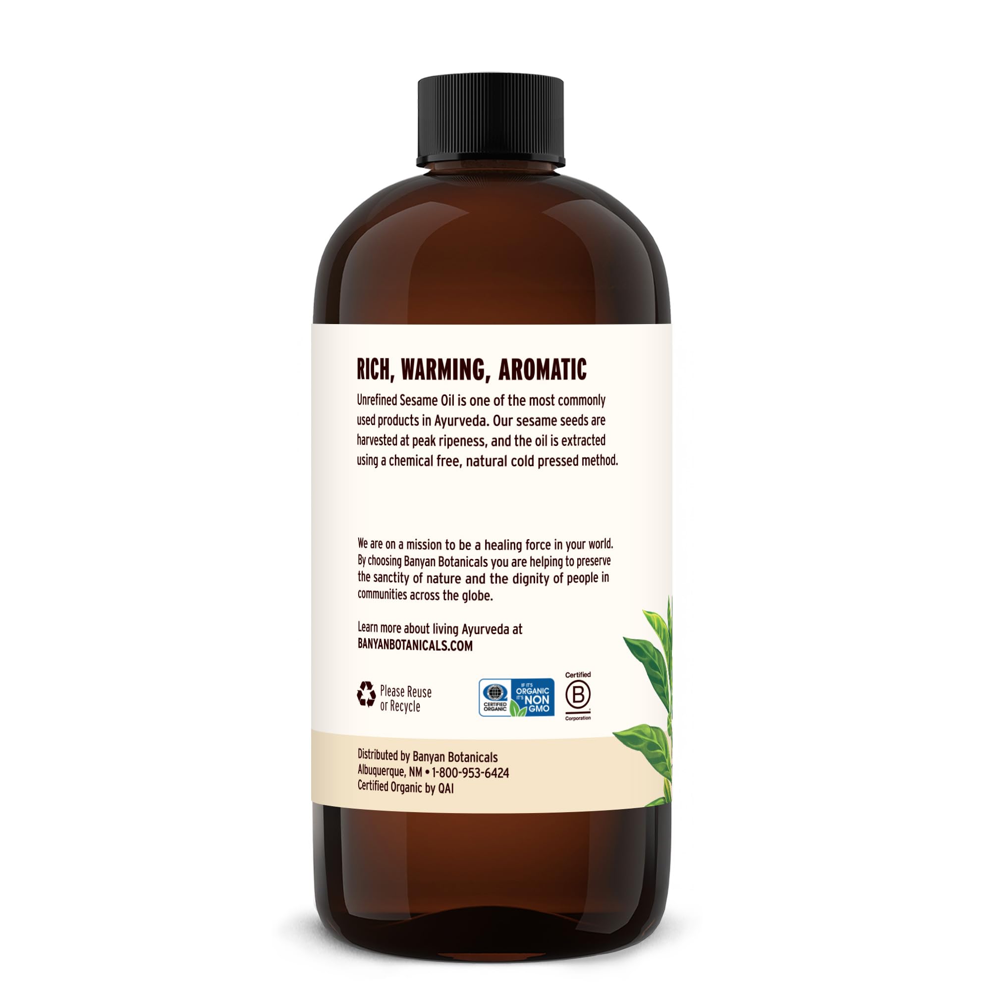Banyan Botanicals Aceite de sésamo sin refinar, base para ritual de masaje.