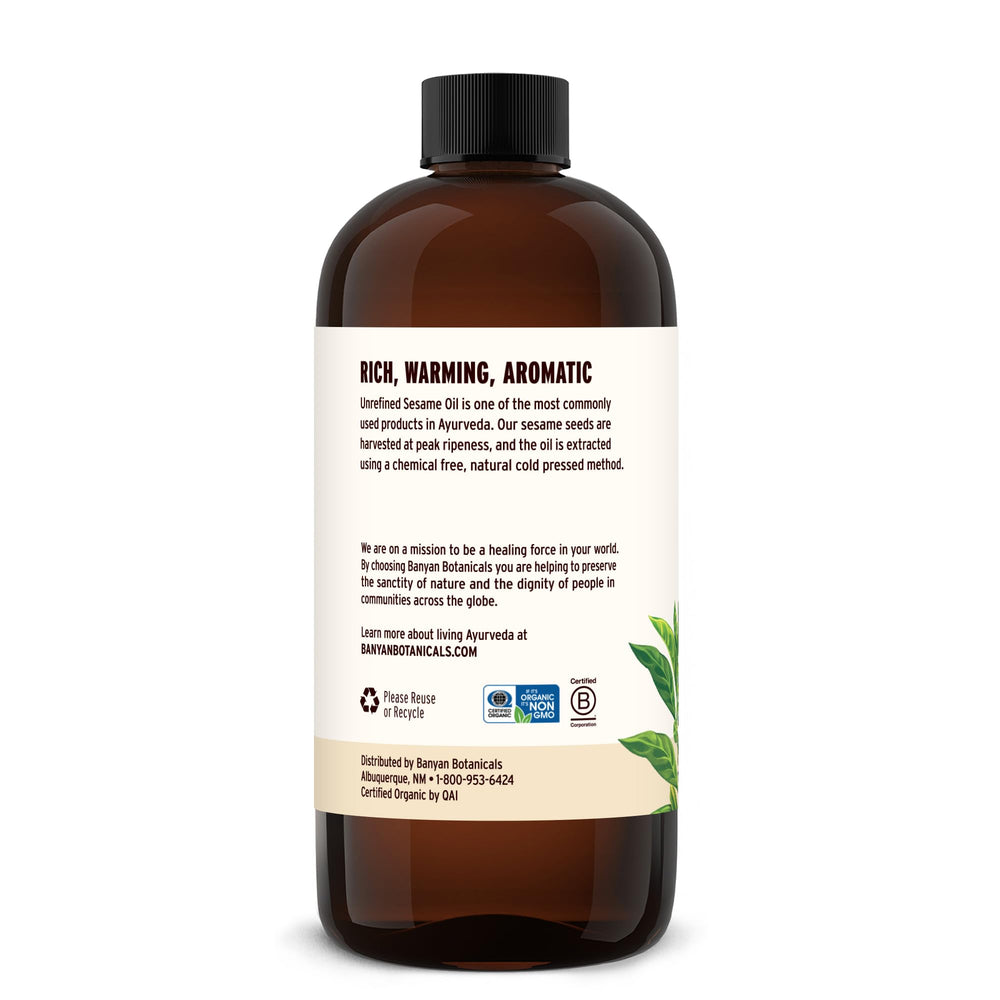 Banyan Botanicals Aceite de sésamo sin refinar, base para ritual de masaje.