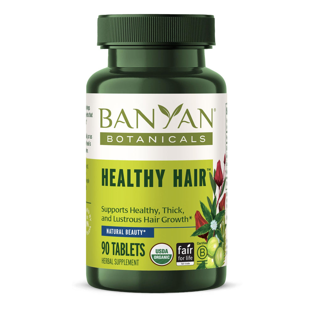 Banyan Botanicals healthy hair supplement tablets shown for daily scalp nourishment and vitality
