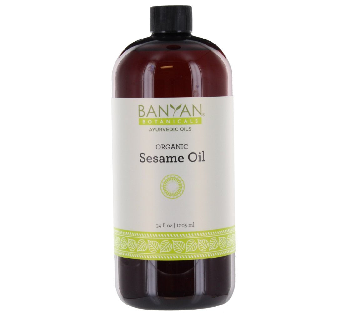 Banyan Botanicals sesame oil bottle provides rich moisture for body and scalp