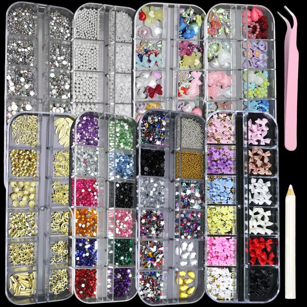BAOYAALIN nail charms kit with mixed bows and hearts for creative nail art ideas.