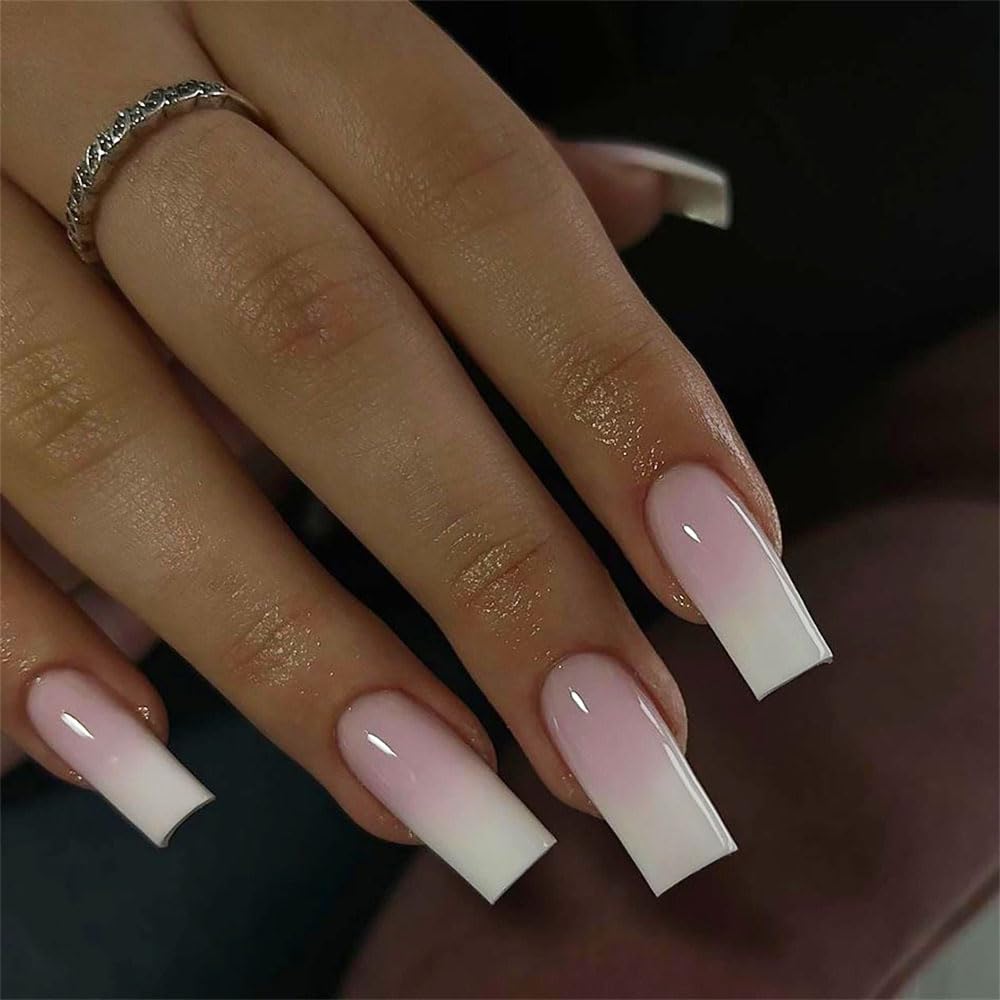 Baoyaalin Uñas ombré nude pink white en forma cuadrada, aplicación rápida para diario.