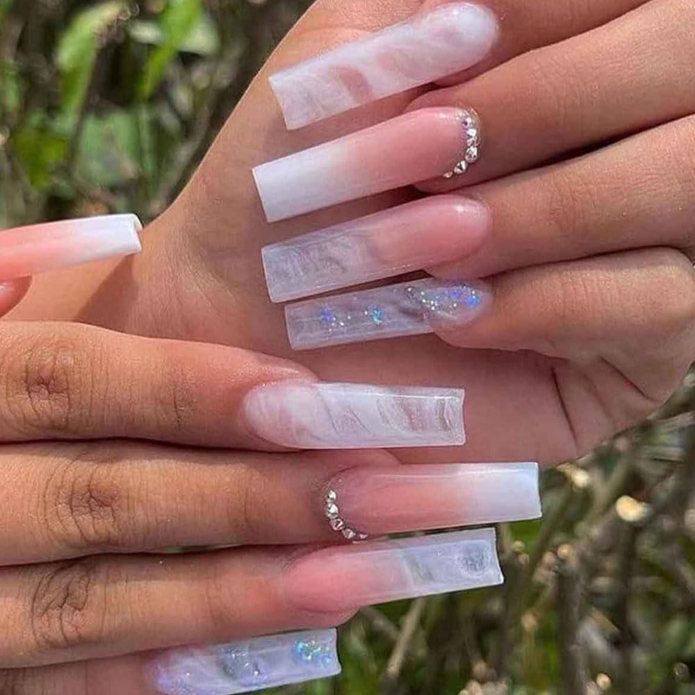 Uñas postizas BAOYAALIN Ombre rosa y blanco, brillo elegante para evento