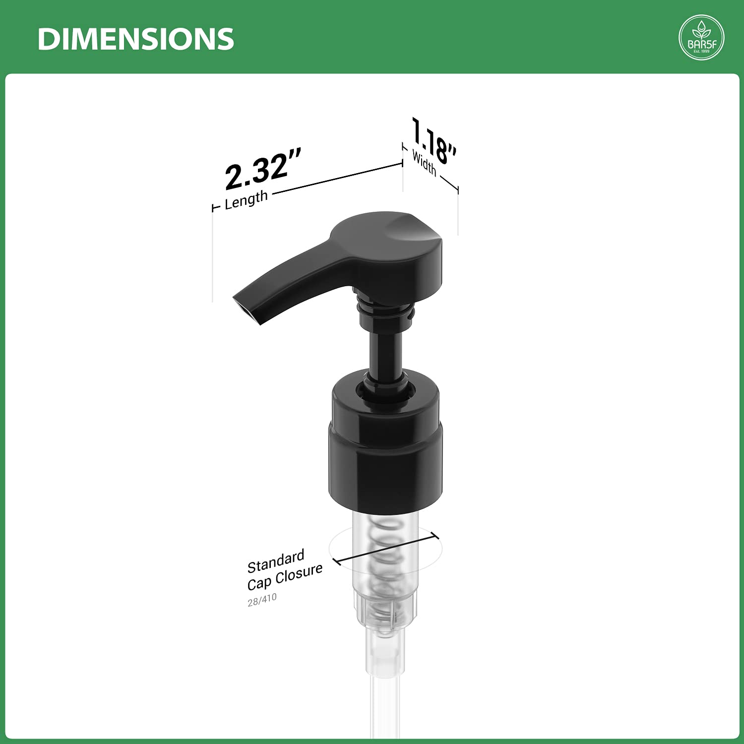 Bar5F pump fits 9-inch bottles, ideal for tall packaging.