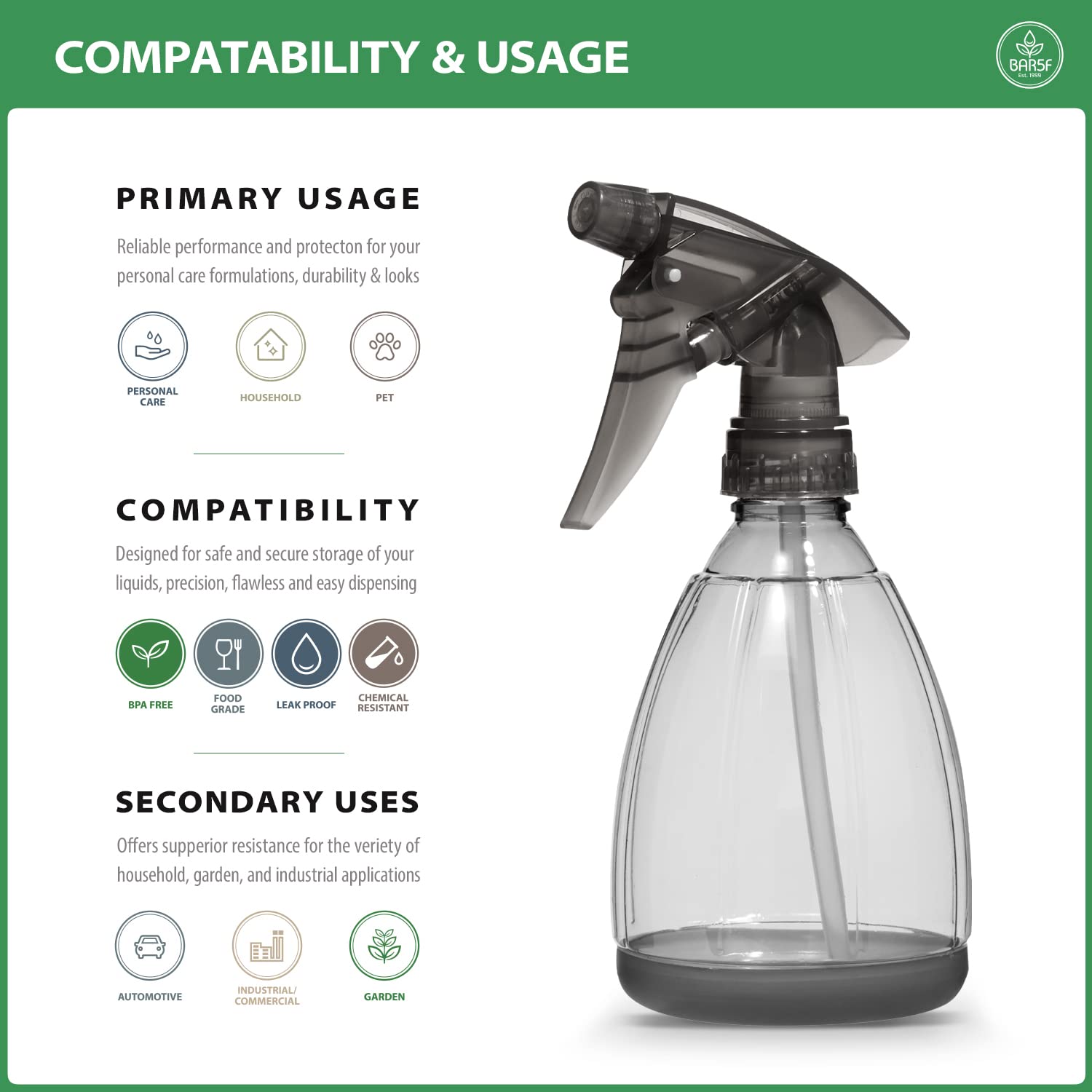 Bar5F see-through bottle helps monitor liquids for household cleaners and DIY projects.