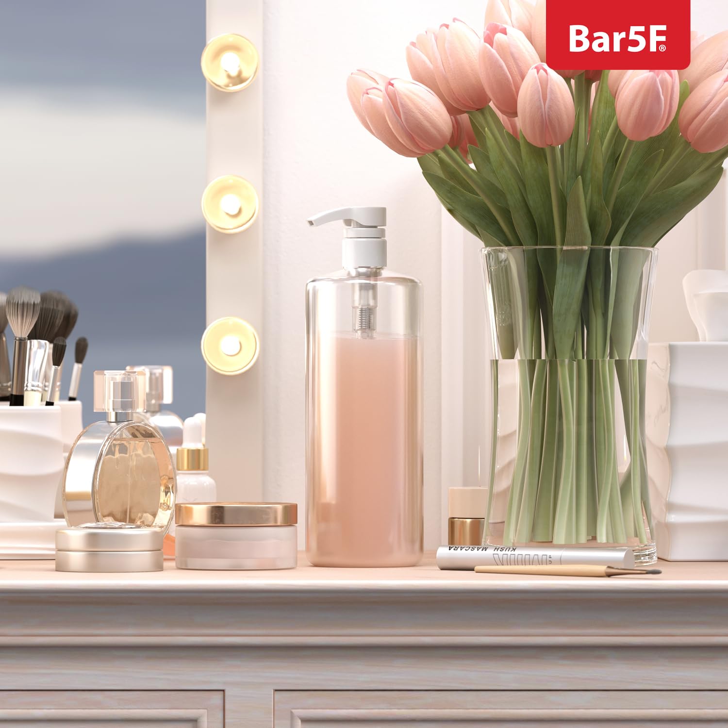 Bar5F bottle with pump demonstrates shelf-ready, clean look.