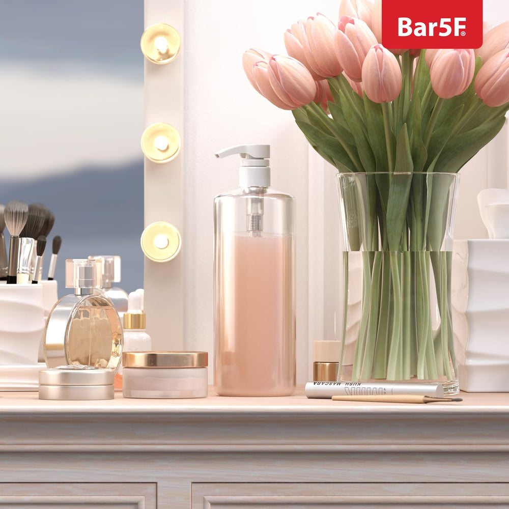 Bar5F bottle with pump demonstrates shelf-ready, clean look.