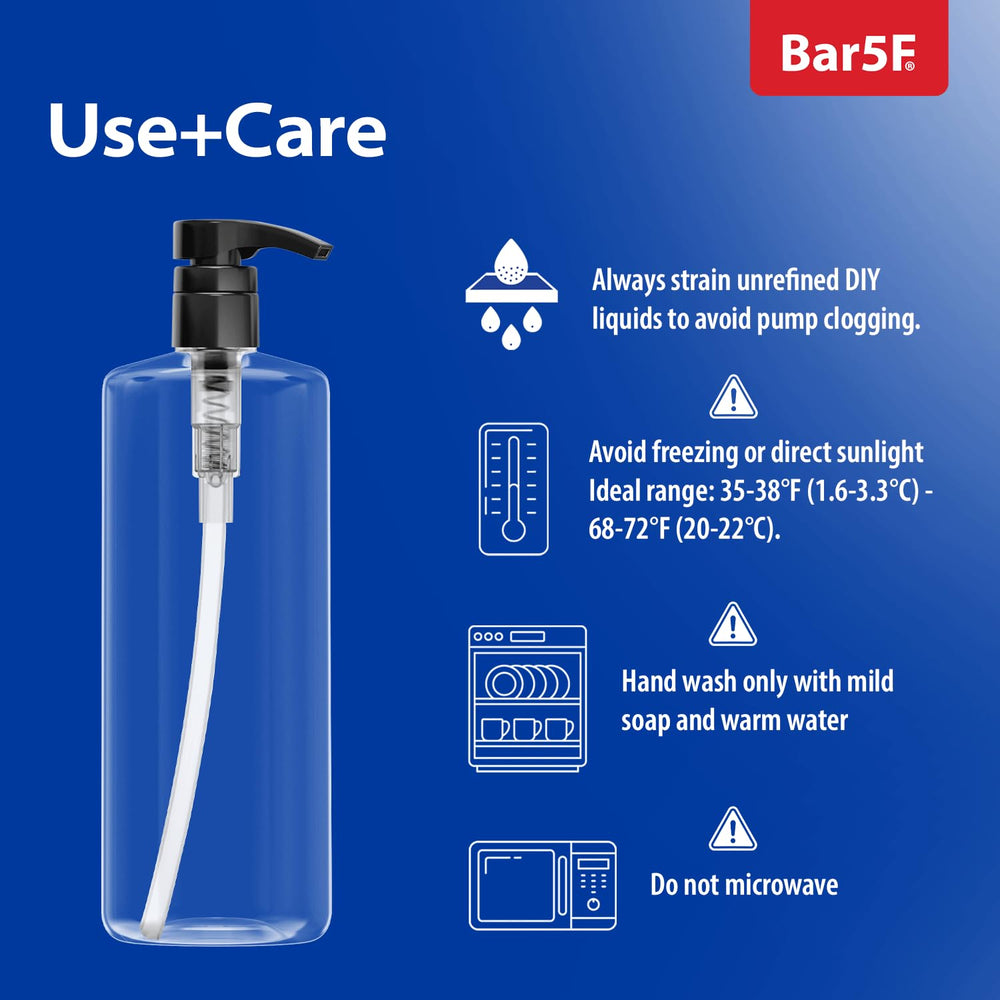 Bar5F versatile dispenser bottle for shampoo, conditioner, or body wash.
