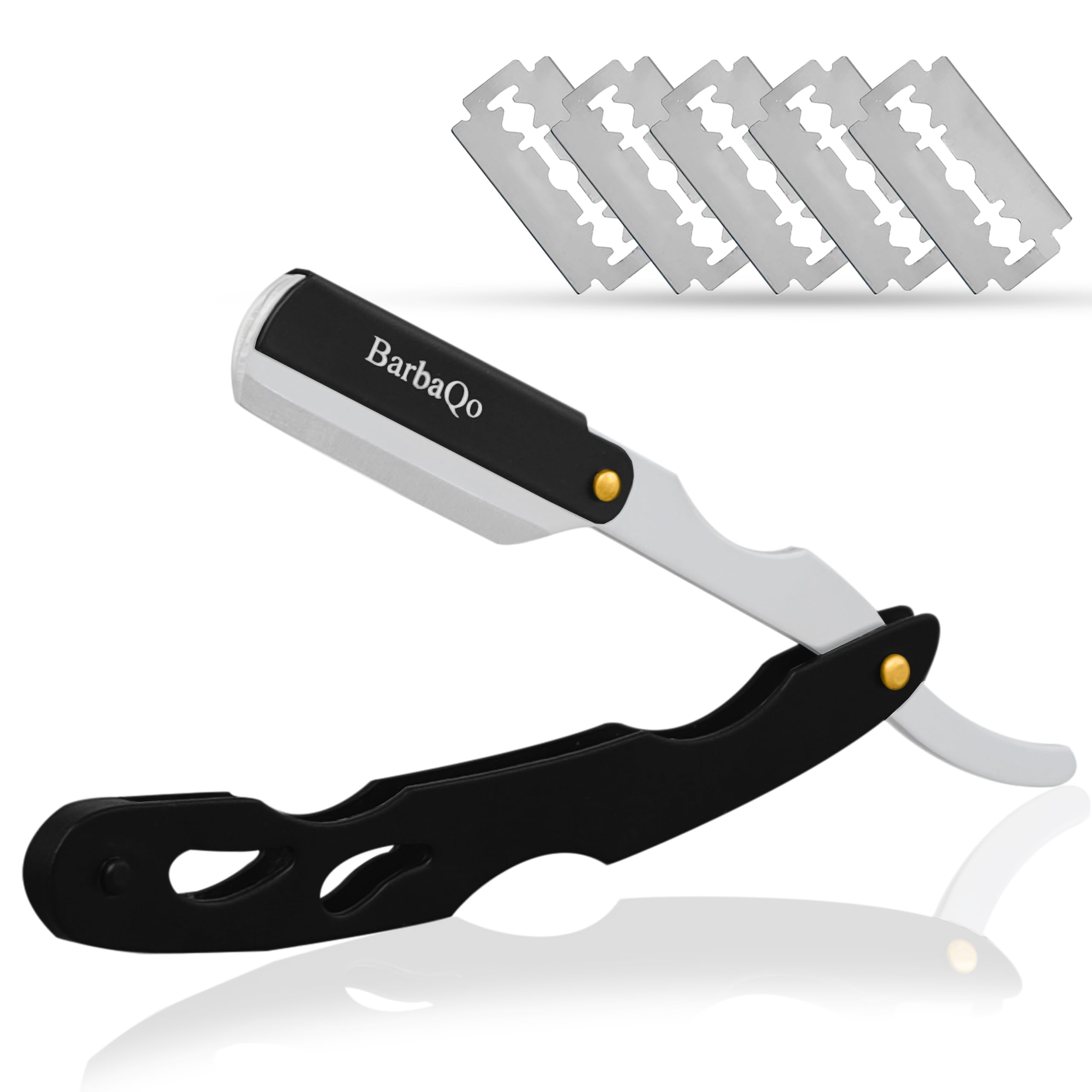 BarbaQo Straight Razor in a hero shot highlighting durable stainless steel for precise shaving.