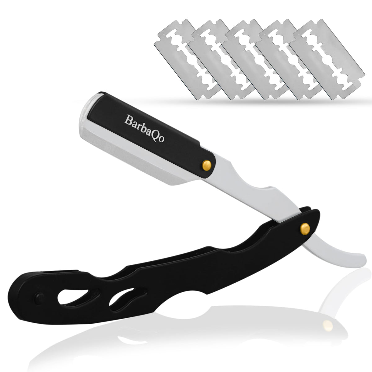 BarbaQo Straight Razor in a hero shot highlighting durable stainless steel for precise shaving.