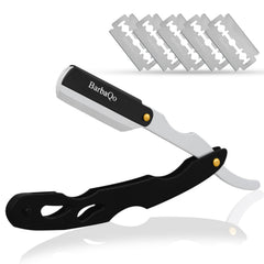 BarbaQo Straight Razor in a hero shot highlighting durable stainless steel for precise shaving.