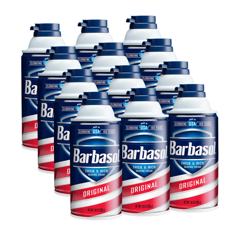 Barbasol Original Thick & Rich shaving cream bottle close-up for a smooth shave.