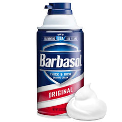 Rich Barbasol foam lather demonstrates cushion and glide during shaving.
