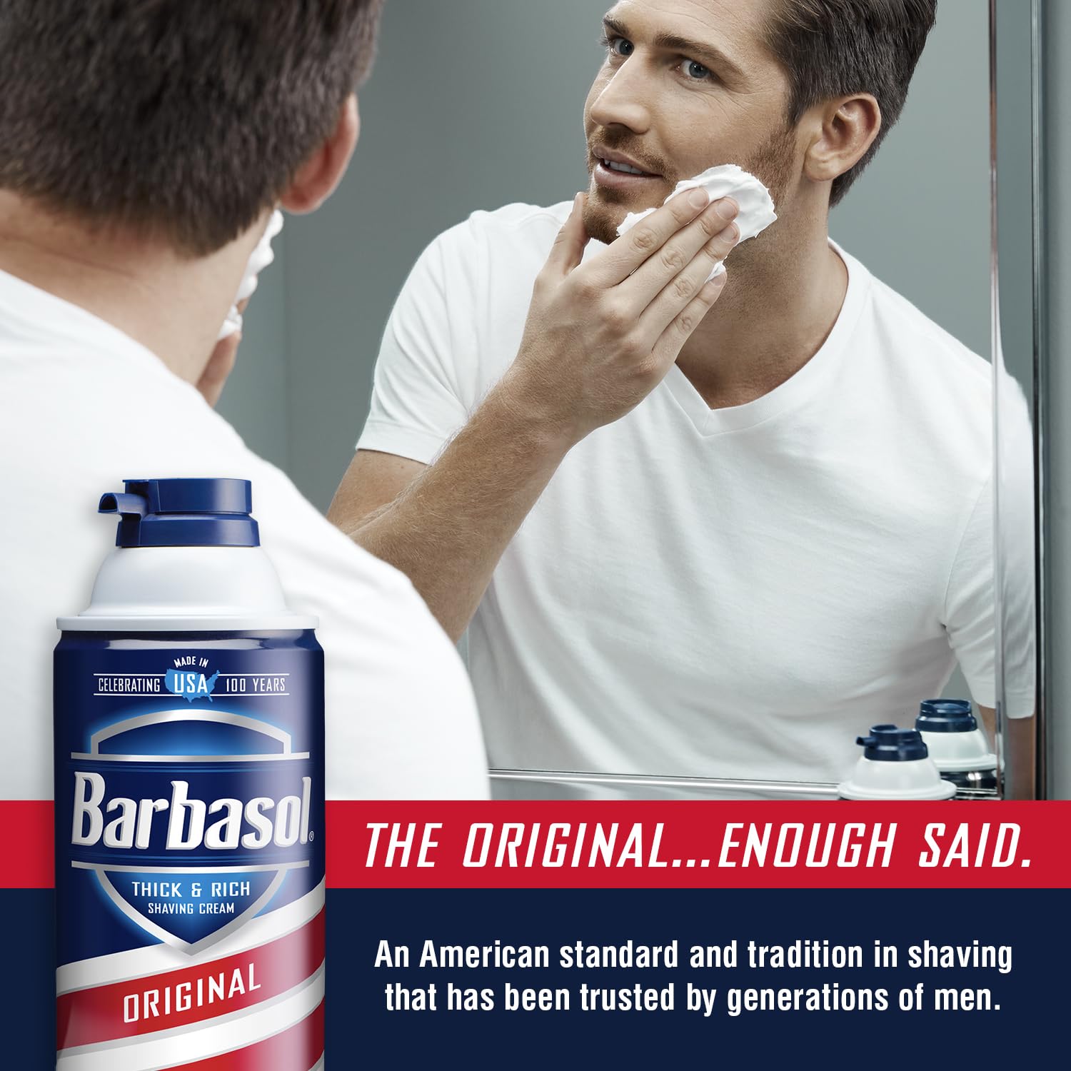 Barbasol bottle shows rust-proof bottom for durability.