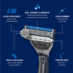 Barbasol razor pivoting head follows facial contours for a closer, comfortable shave.