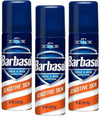 Barbasol Sensitive Skin travel-size shave cream 2 oz bottle provides gentle hydration for sensitive skin.