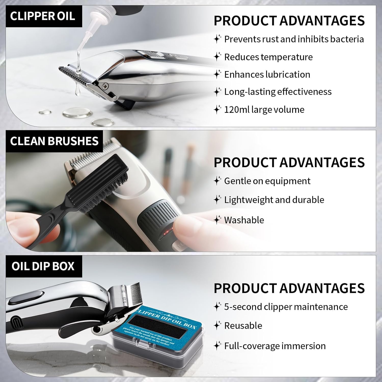 BarberTop cleaning brush cleans crevices safely without scratching blades.
