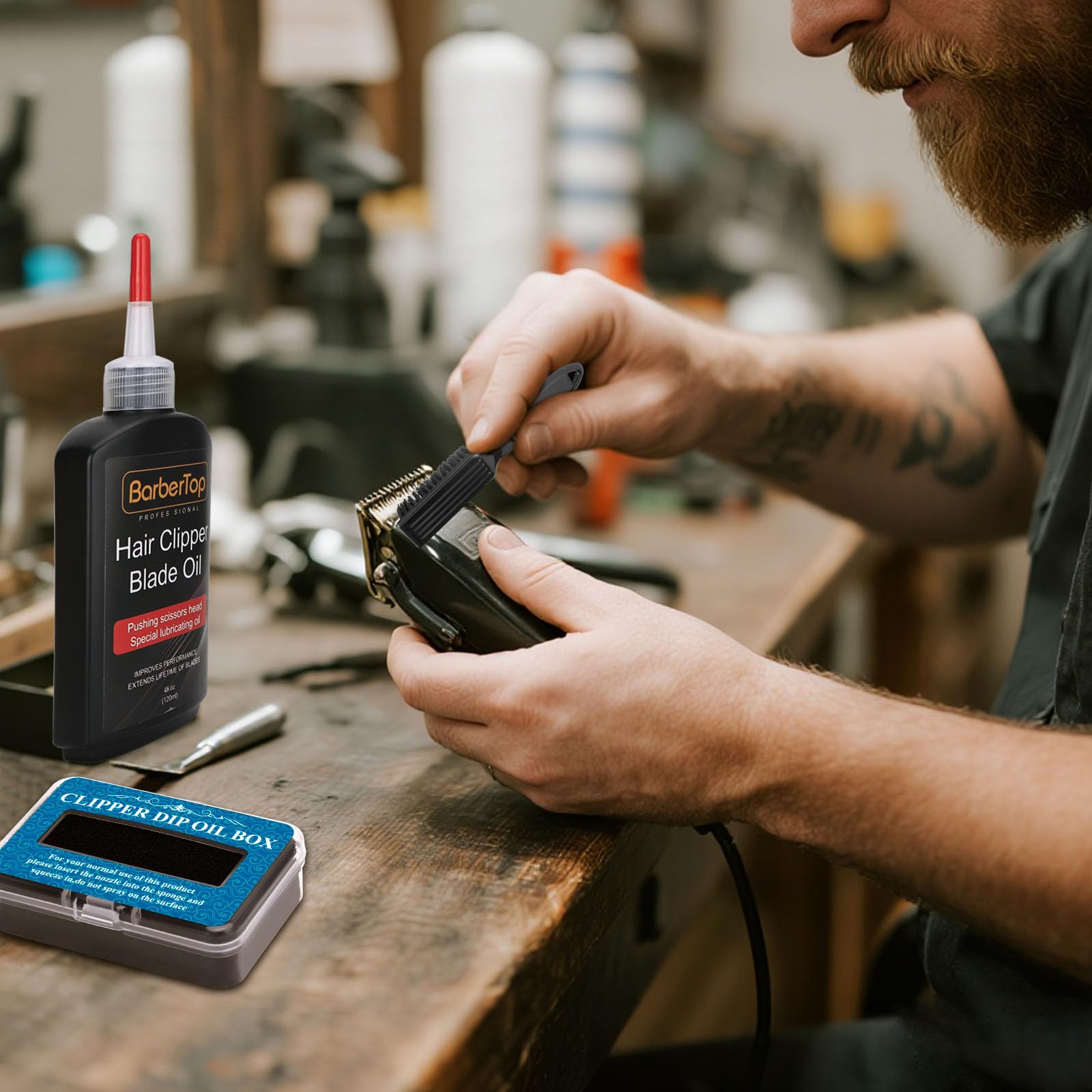 BarberTop oil dip box facilitates quick, spill-free lubrication.