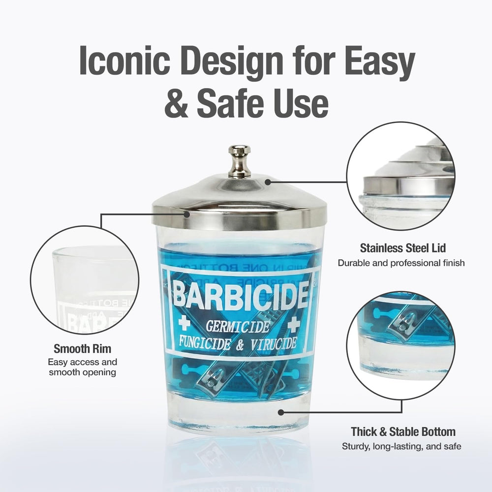 BARBICIDE disinfectant jar anti-splash handle enables precise, spill-free lifting of tools.