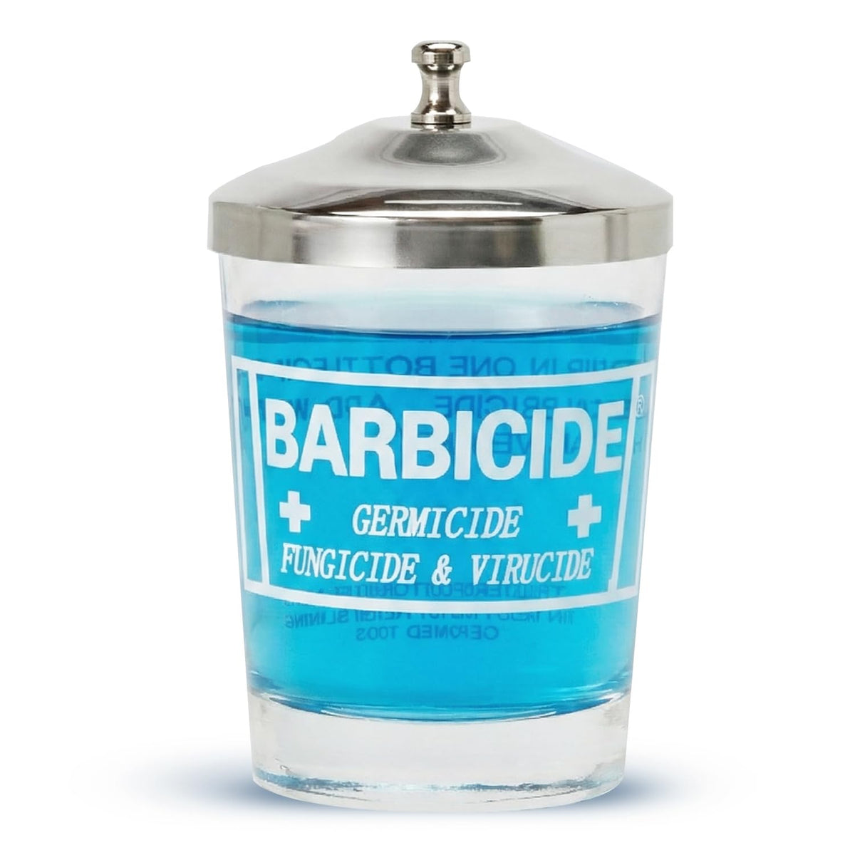 BARBICIDE disinfectant jar with crystal-clear glass for quick solution checks and safer tool immersion.