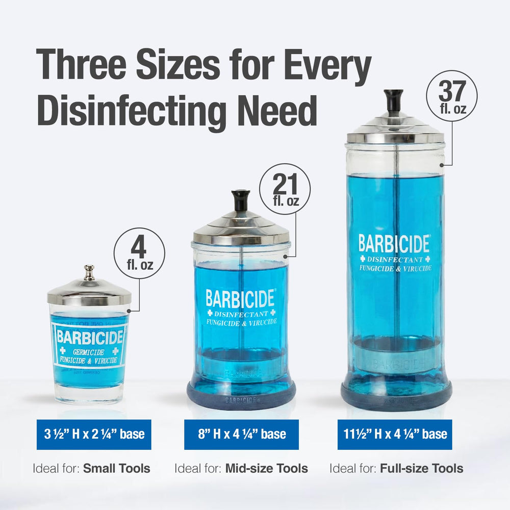 BARBICIDE disinfectant jar supports small-tool sanitation ideal for nail tech workflows.