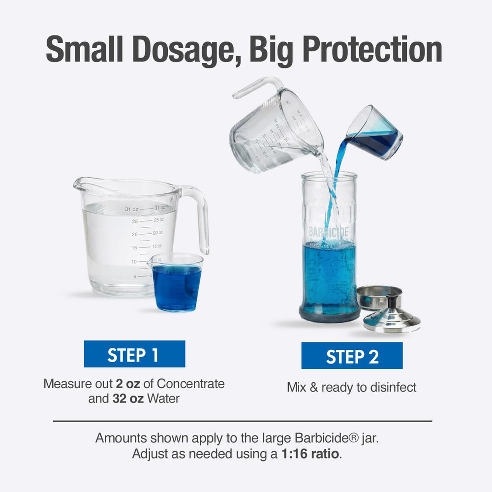 BARBICIDE large anti-splash handle reduces spills when lowering items.