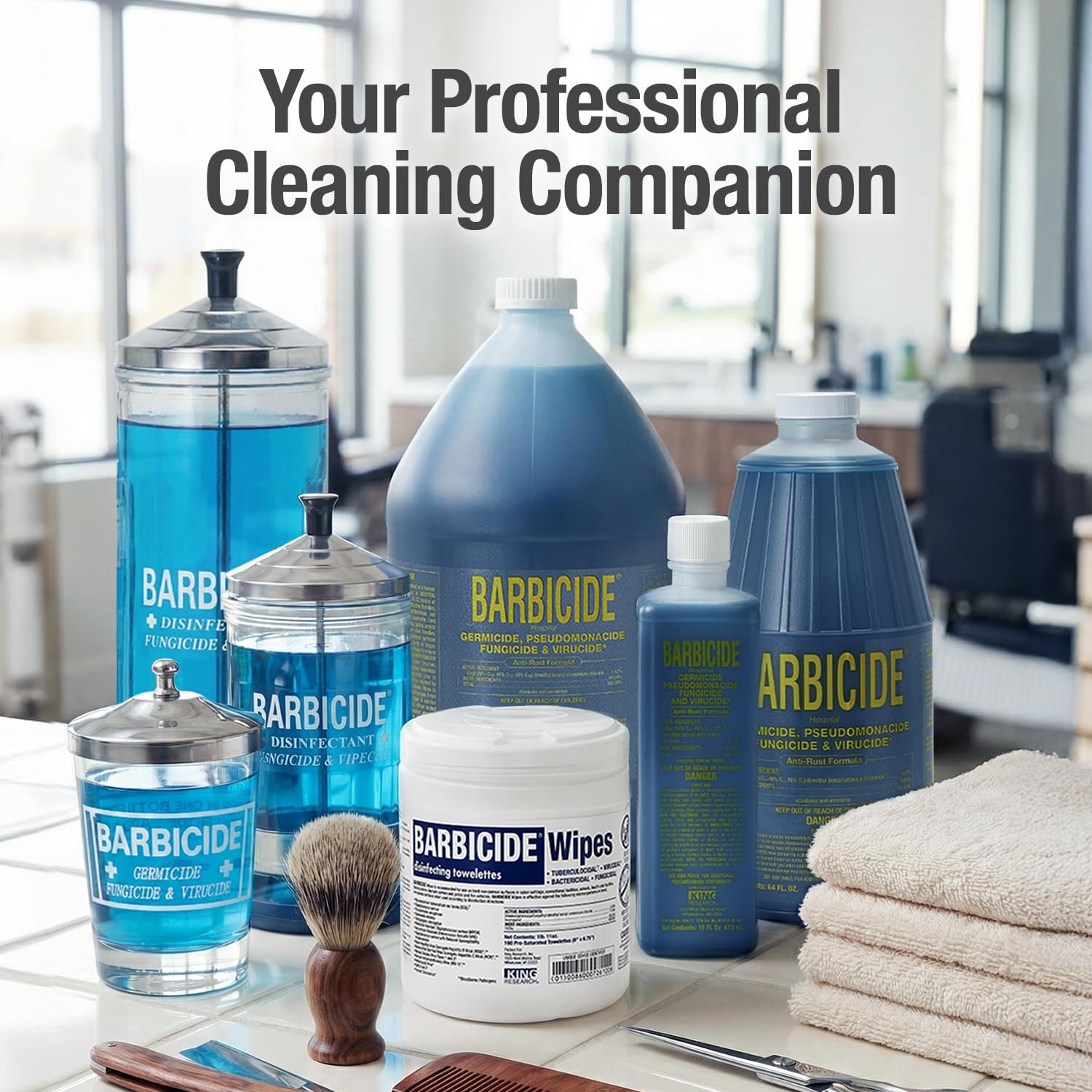 BARBICIDE large professional station aids fast, compliant sanitation in salons.