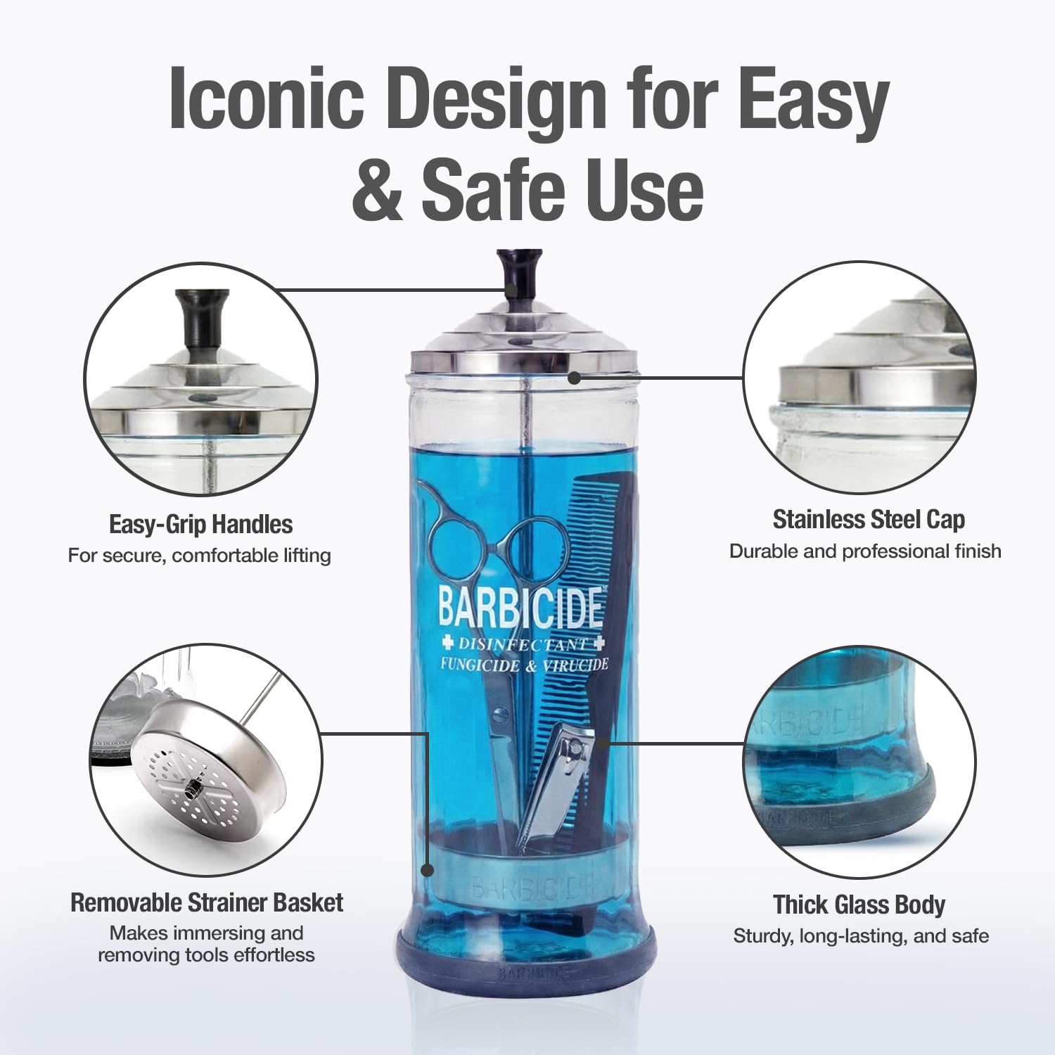 BARBICIDE large jar with tray keeps workspace organized during disinfecting routines.