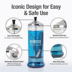 BARBICIDE large jar with tray keeps workspace organized during disinfecting routines.