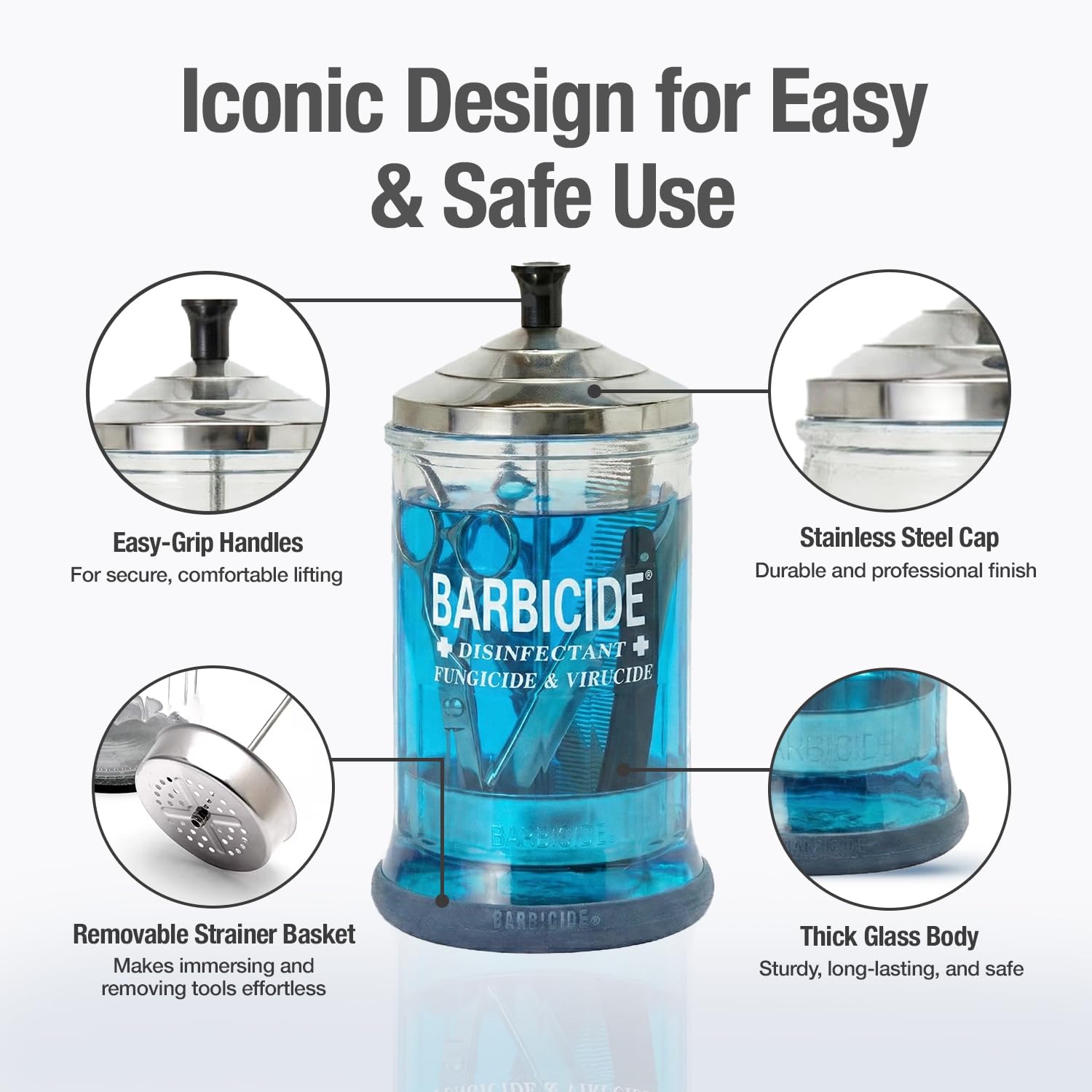 BARBICIDE MidSize jar anti-splash handle enables controlled, mess-free lifting.