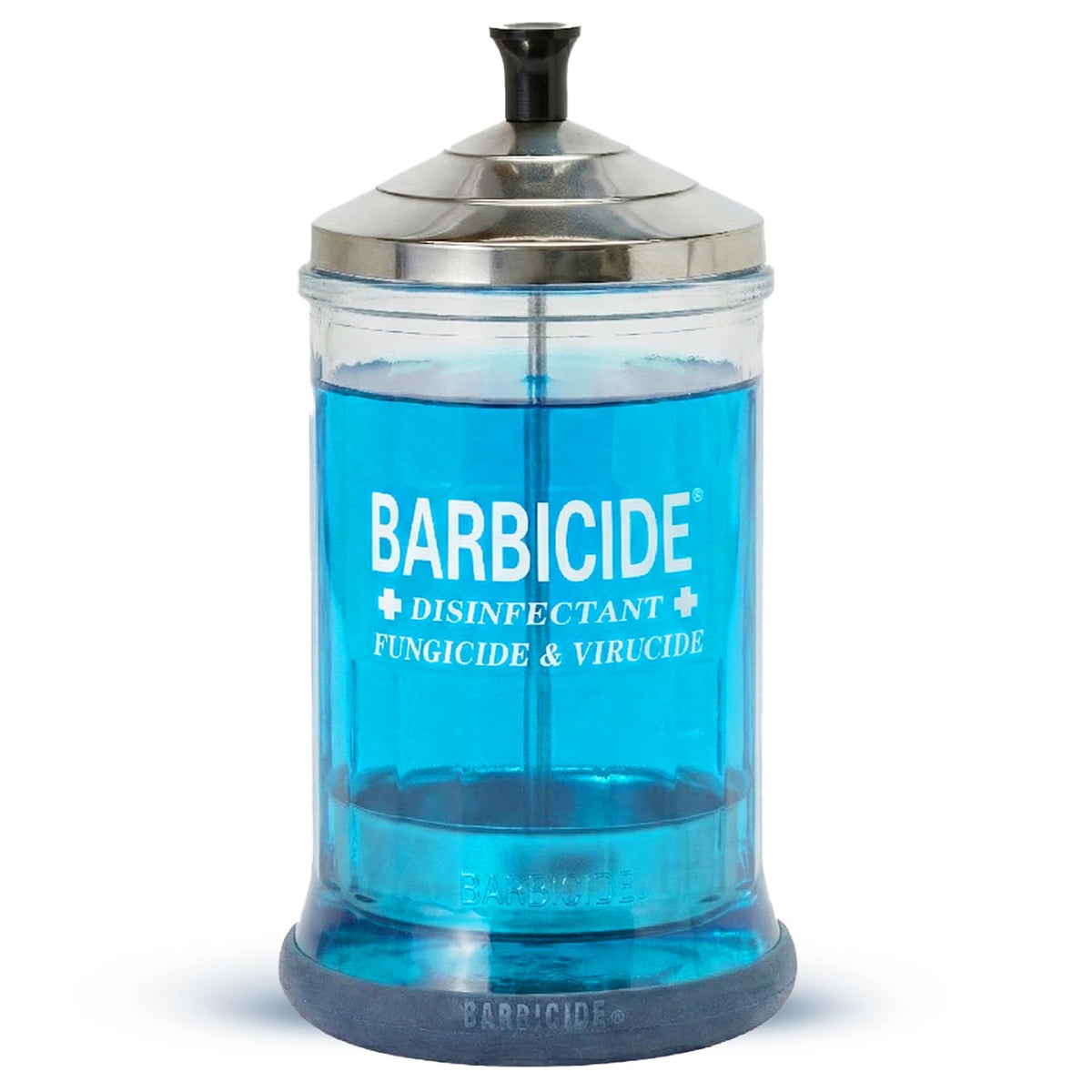 BARBICIDE MidSize jar with clear glass body for easy solution level monitoring.