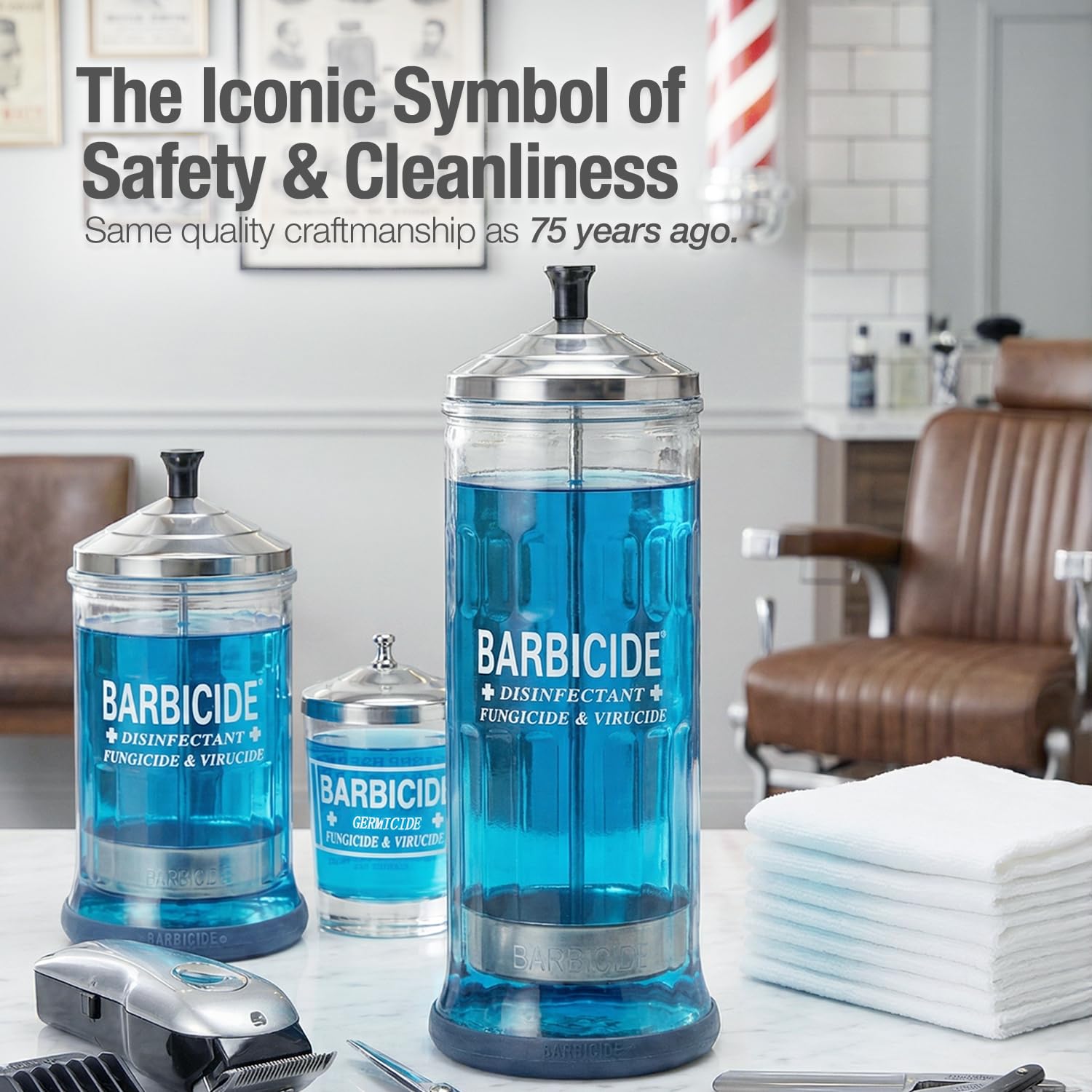 BARBICIDE MidSize jar with stainless steel lid and basket to prevent spills during immersion.
