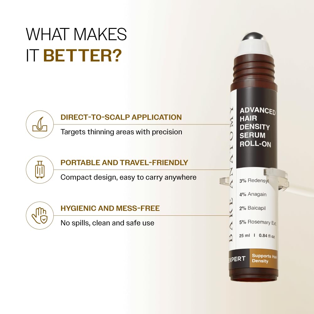 Bare Anatomy Roll-On Densidad Avanzada, activos clave Redensyl y Anagain para vitalidad capilar