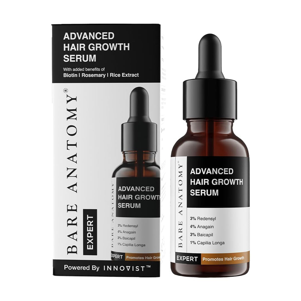 Bare Anatomy Serum frasco enfocado en crecimiento del cabello.
