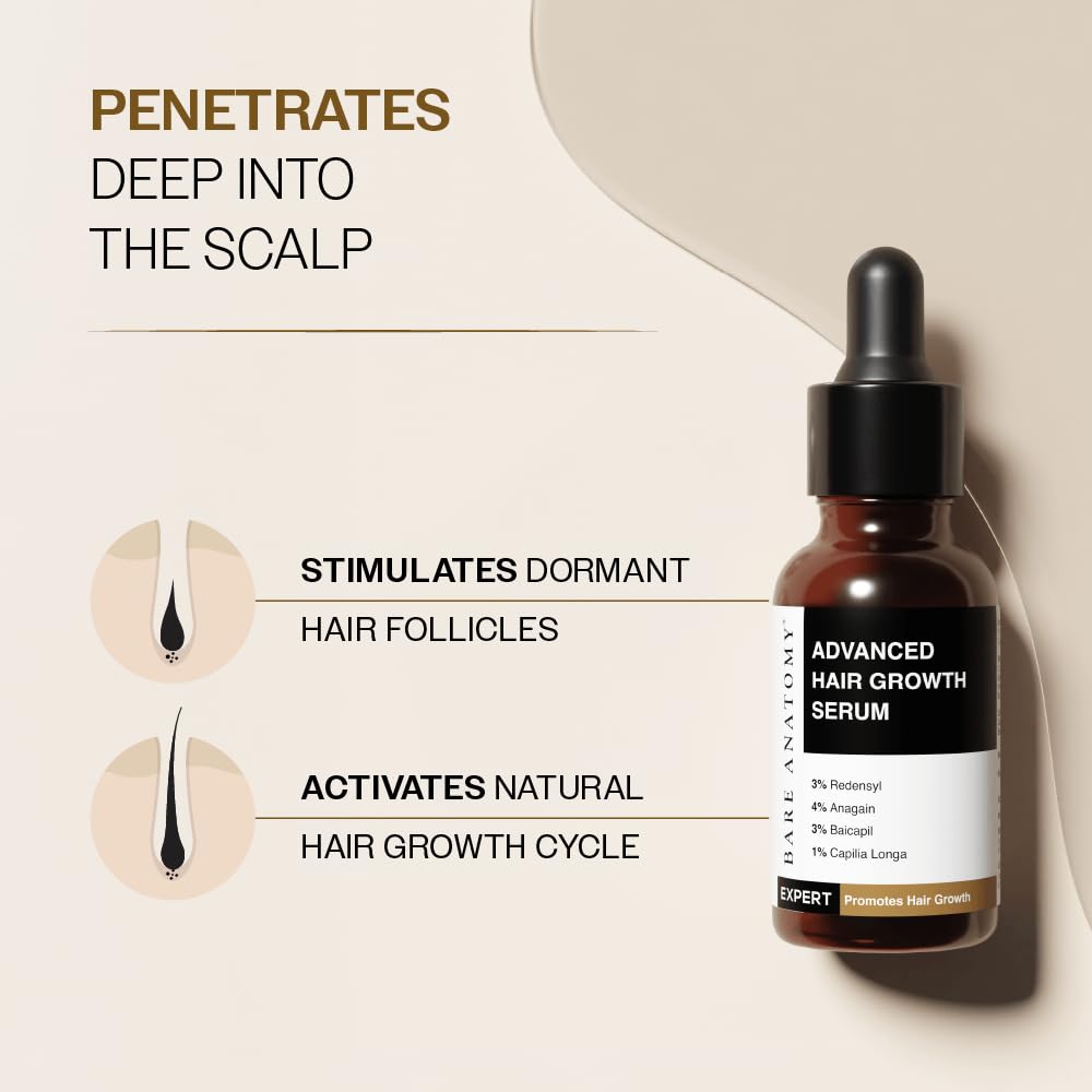 Reducción de la caída del cabello con Bare Anatomy Serum.