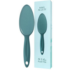 Bare August glass foot file with handle gently buffs dry skin for smooth feet.
