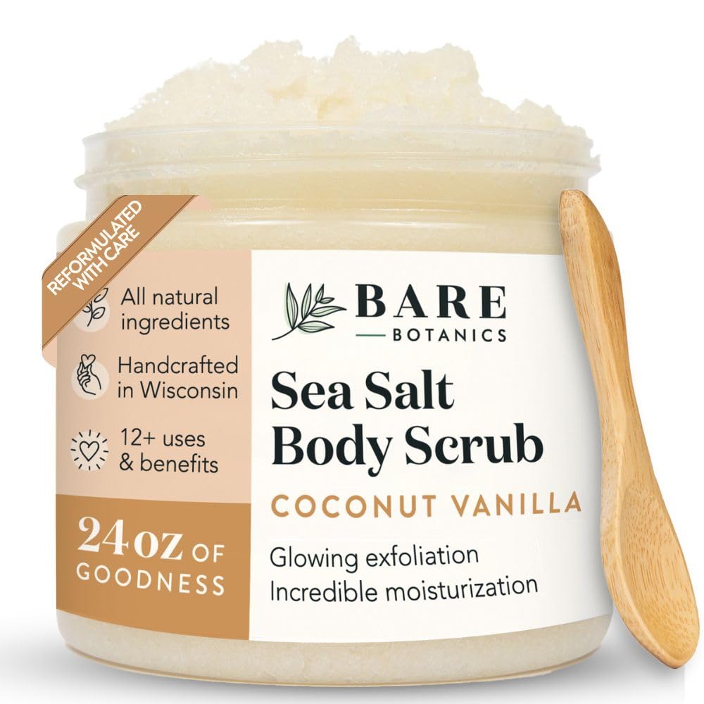 Bare Botanics Coconut Vanilla Body Scrub jar with exfoliating texture for radiant skin.