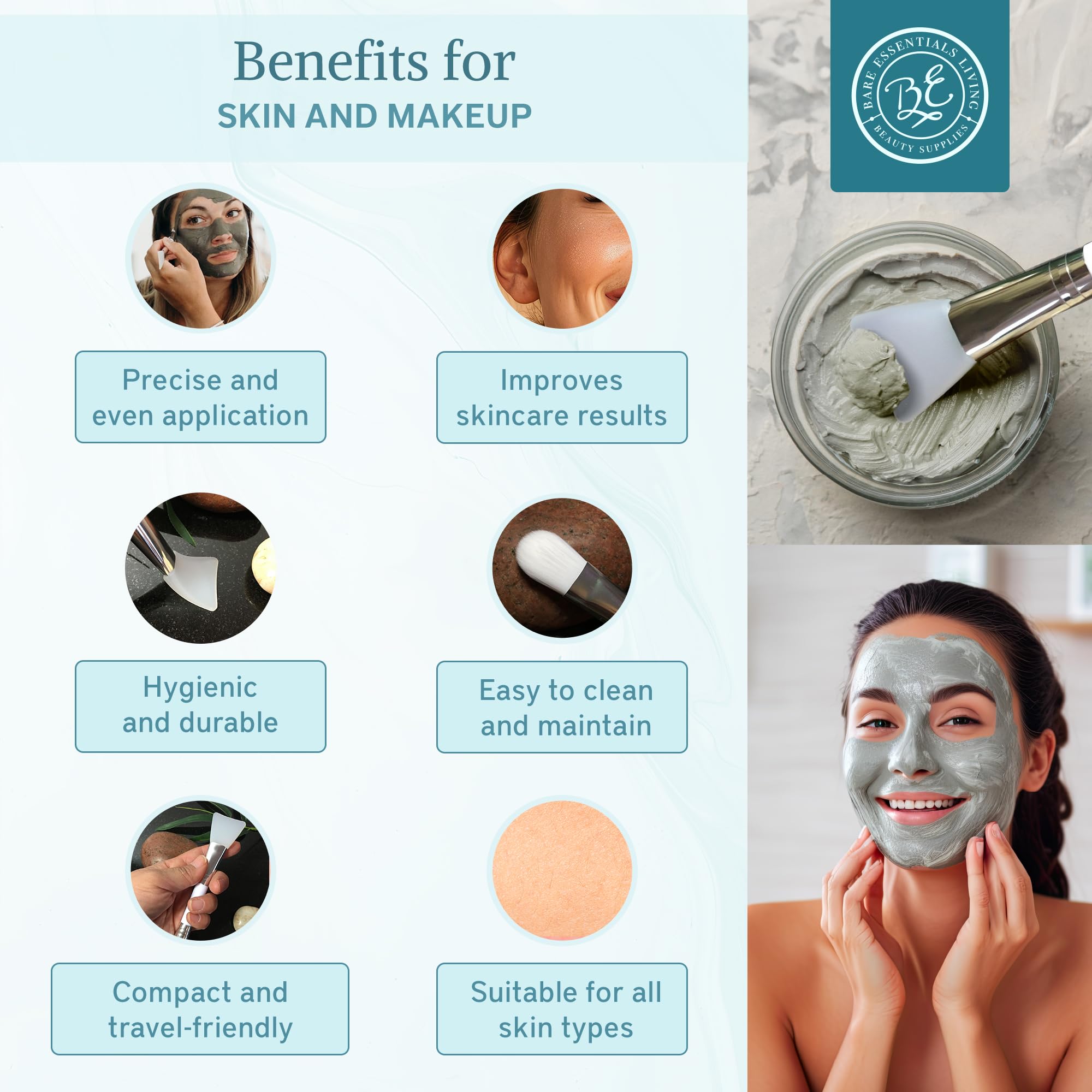 Bare Essentials Living silicone side provides even, thin coverage for masks and creams.