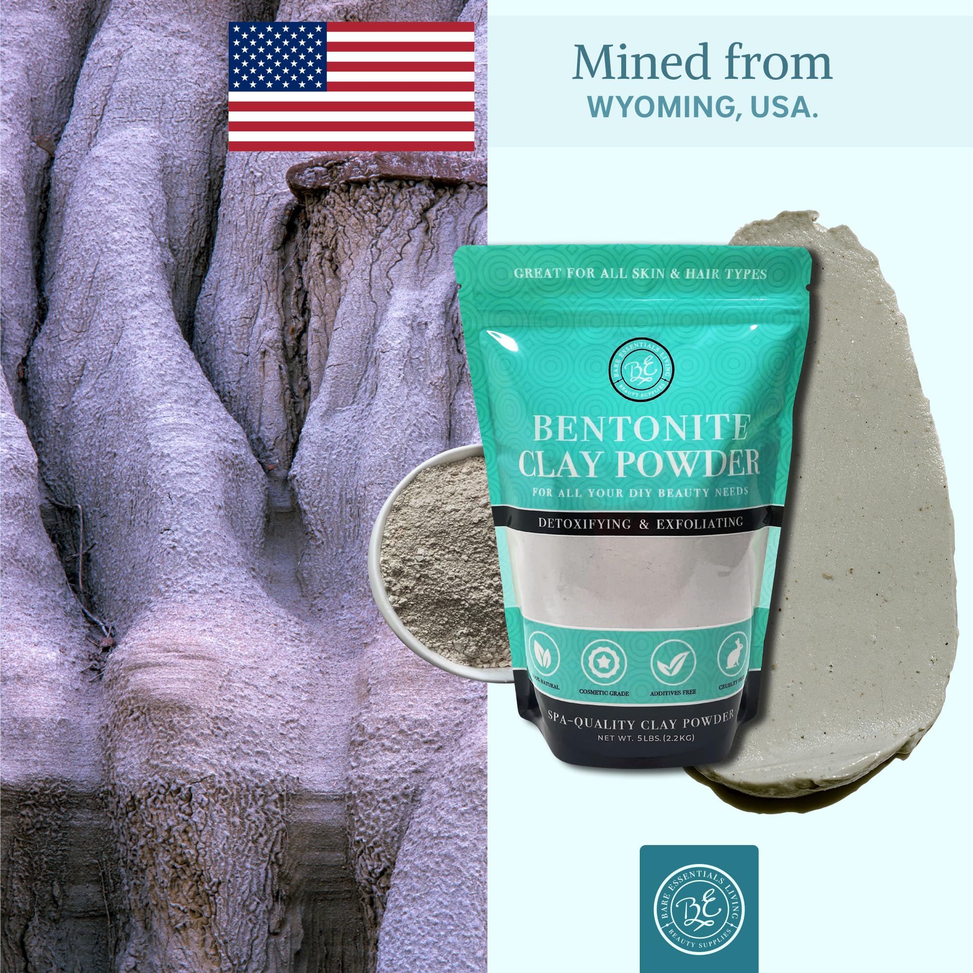Bare Essentials Living vegan, cruelty-free clay powder for versatile beauty uses.