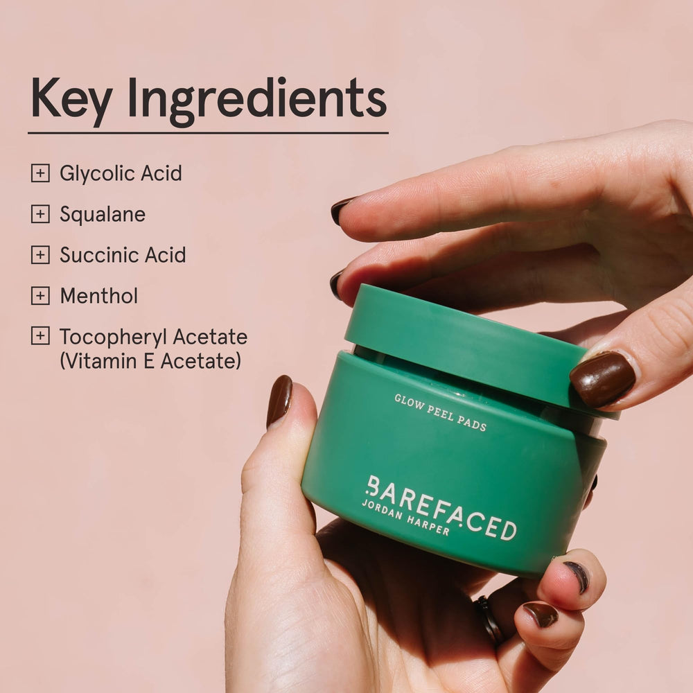 Barefaced Glow Peel Pad with squalane and vitamin E for hydrated skin.