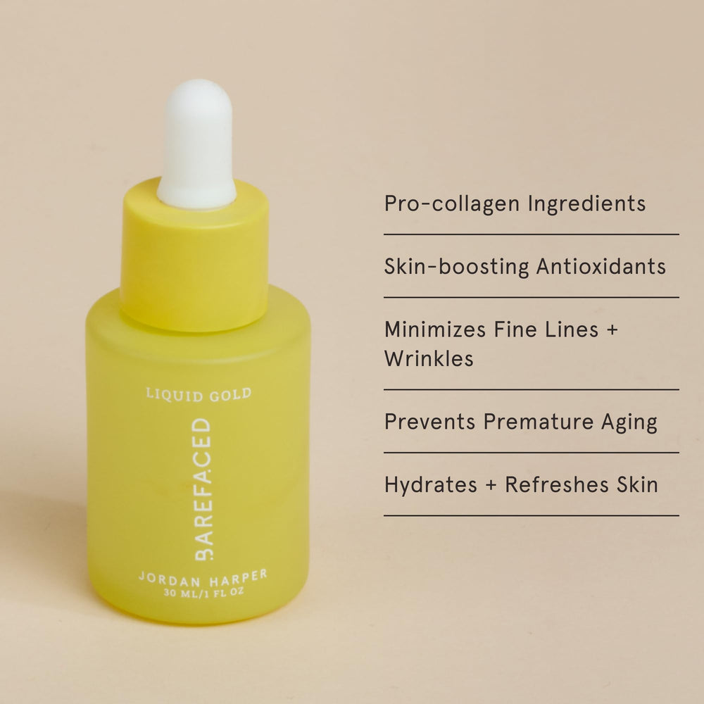 Barefaced Liquid Gold dropper pouring for even serum distribution