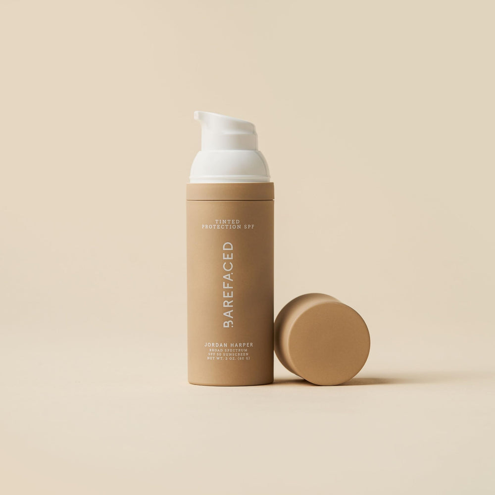 Close-up of Barefaced sunscreen pump showing weightless, oil-free application