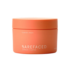 Barefaced Toning Pads 60-count pack on vanity; may brighten and smooth skin.