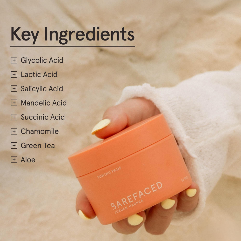 Barefaced Toning Pads applied to cheek; smooths texture and brightens.