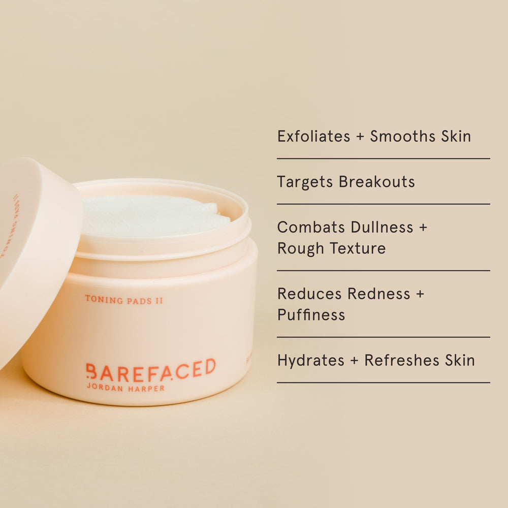 Barefaced Toning Pads II bottle beside pads for daily skincare routine