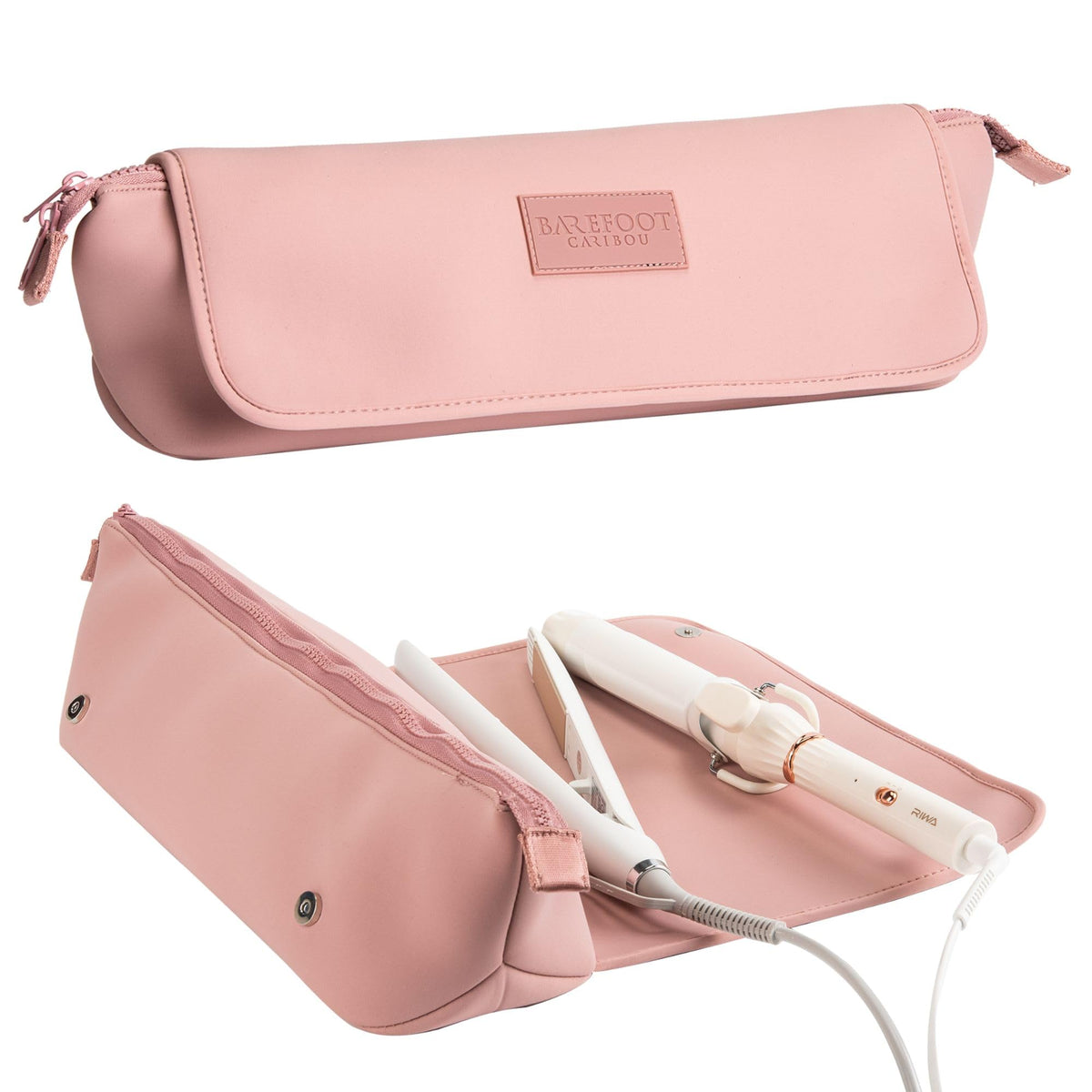 Barefoot Caribou travel bag in dune safeguarding hot hairstyling tools on the go.